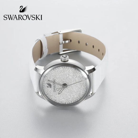 Swarovski Crystalline Hours Silver Dial White Leather Strap Women\'s Watch - NWT